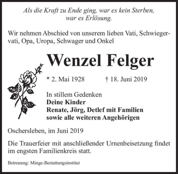 Traueranzeige von Wenzel Felger  von Magdeburger Volksstimme