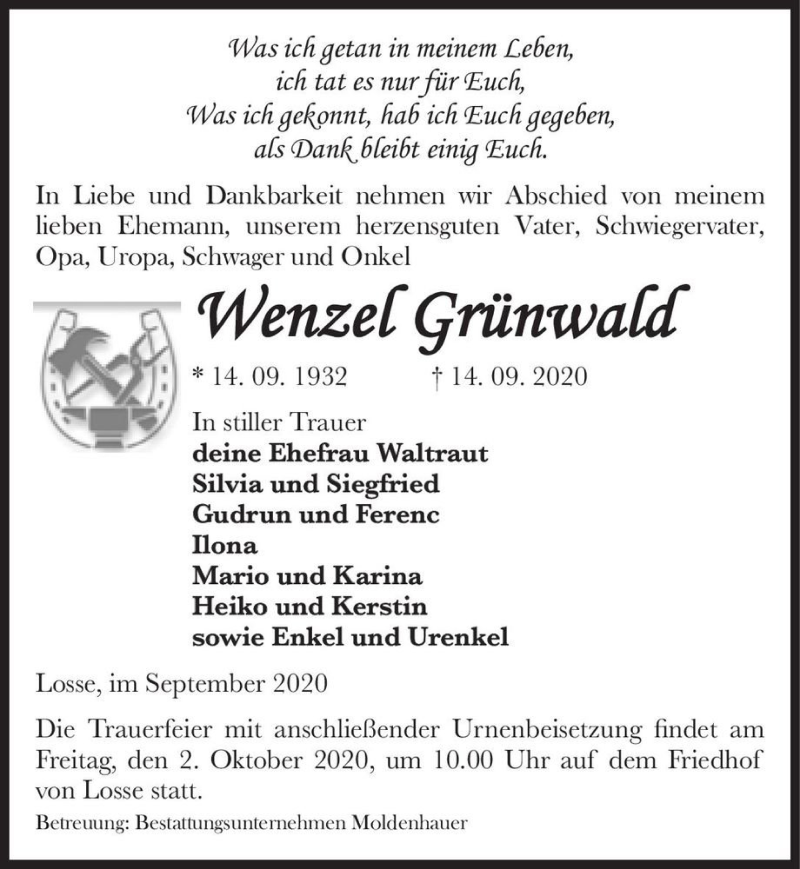  Traueranzeige für Wenzel Grünwald  vom 19.09.2020 aus Magdeburger Volksstimme