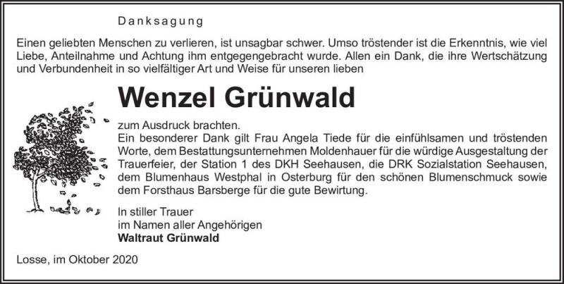  Traueranzeige für Wenzel Grünwald  vom 10.10.2020 aus Magdeburger Volksstimme
