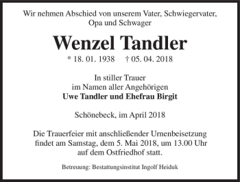 Traueranzeige von Wenzel Tandler  von Magdeburger Volksstimme