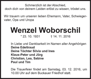 Traueranzeige von Wenzel Woborschil  von Magdeburger Volksstimme