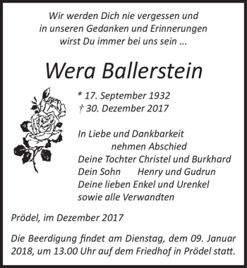 Traueranzeige von Wera Ballerstein  von Magdeburger Volksstimme