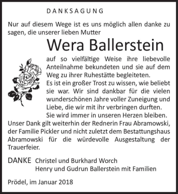 Traueranzeige von Wera Ballerstein  von Magdeburger Volksstimme