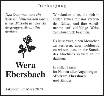Traueranzeige von Wera Ebersbach  von Magdeburger Volksstimme
