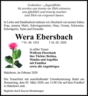 Traueranzeige von Wera Ebersbach  von Magdeburger Volksstimme