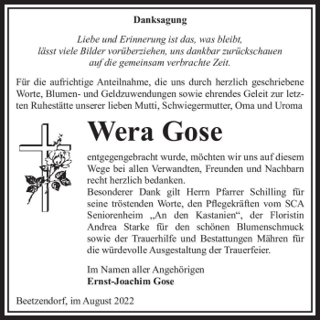 Traueranzeige von Wera Gose  von Magdeburger Volksstimme
