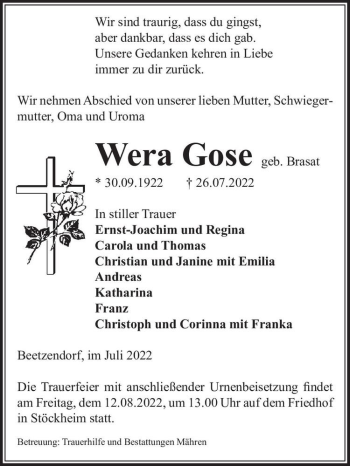 Traueranzeige von Wera Gose (geb. Brasat)  von Magdeburger Volksstimme
