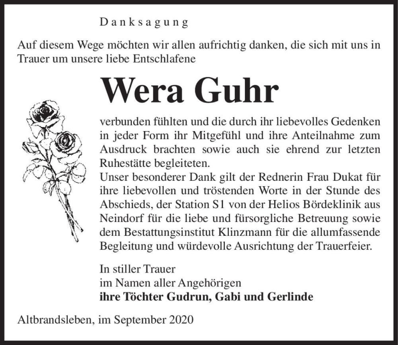  Traueranzeige für Wera Guhr  vom 04.09.2020 aus Magdeburger Volksstimme