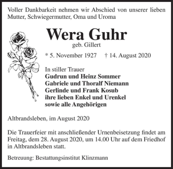 Traueranzeige von Wera Guhr (geb. Gillert)  von Magdeburger Volksstimme