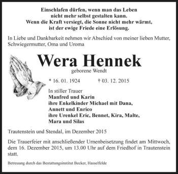 Traueranzeige von Wera Hennek  von Magdeburger Volksstimme