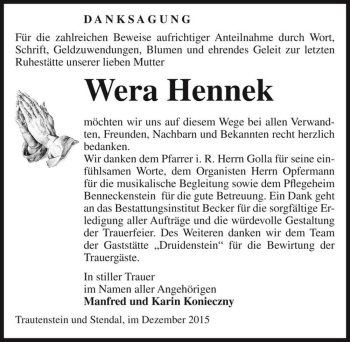 Traueranzeige von Wera Hennek  von Magdeburger Volksstimme