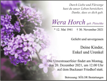 Traueranzeige von Wera Horch (geb. Pletschke)  von Magdeburger Volksstimme