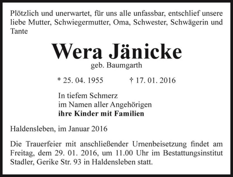  Traueranzeige für Wera Jänicke (geb. Baumgarth)  vom 23.01.2016 aus Magdeburger Volksstimme