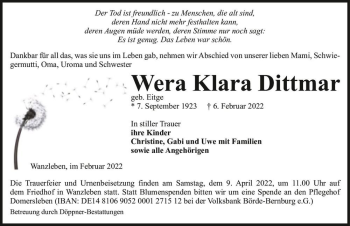 Traueranzeige von Wera Klara Dittmar (geb. Eitge)  von Magdeburger Volksstimme