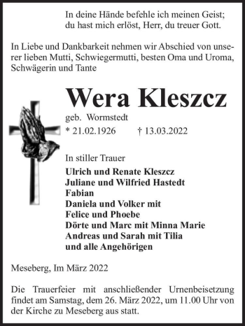 Traueranzeige von Wera Kleszcz (geb. Wormstedt)  von Magdeburger Volksstimme