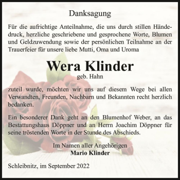 Traueranzeige von Wera Klinder (geb. Hahn)  von Magdeburger Volksstimme