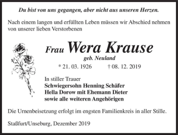 Traueranzeige von Wera Krause (geb. Neuland)  von Magdeburger Volksstimme