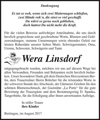 Traueranzeige von Wera Linsdorf  von Magdeburger Volksstimme