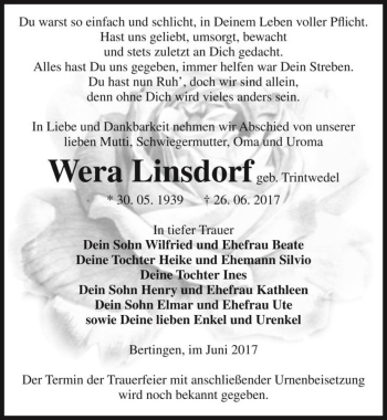 Traueranzeige von Wera Linsdorf (geb. Trintwedel)  von Magdeburger Volksstimme