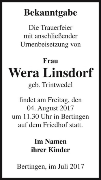 Traueranzeige von Wera Linsdorf (geb. Trintwedel)  von Magdeburger Volksstimme