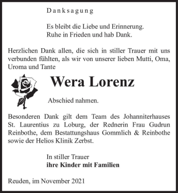 Traueranzeige von Wera Lorenz  von Magdeburger Volksstimme