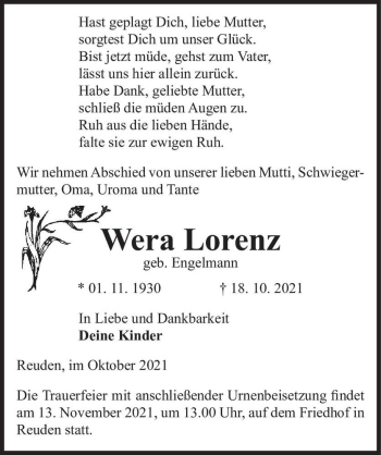 Traueranzeige von Wera Lorenz (geb. Engelmann)  von Magdeburger Volksstimme