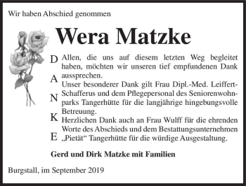 Traueranzeige von Wera Matzke  von Magdeburger Volksstimme