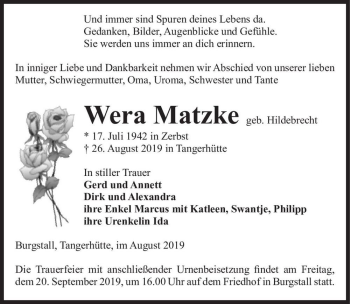 Traueranzeige von Wera Matzke (geb. Hildebrecht)  von Magdeburger Volksstimme