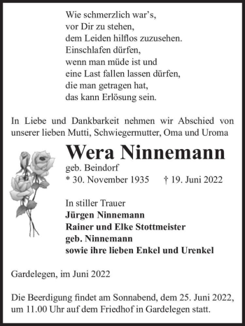 Traueranzeige von Wera Ninnemann (geb. Beindorf)  von Magdeburger Volksstimme