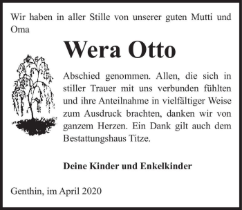 Traueranzeige von Wera Otto  von Magdeburger Volksstimme