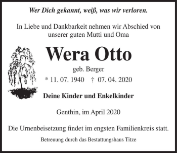 Traueranzeige von Wera Otto (geb. Berger)  von Magdeburger Volksstimme
