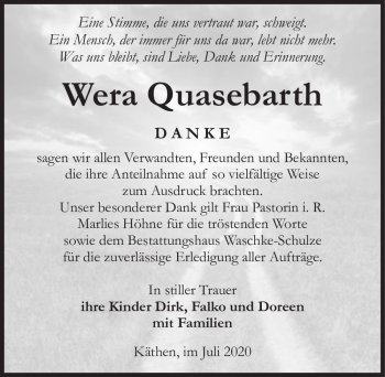 Traueranzeige von Wera Quasebarth  von Magdeburger Volksstimme