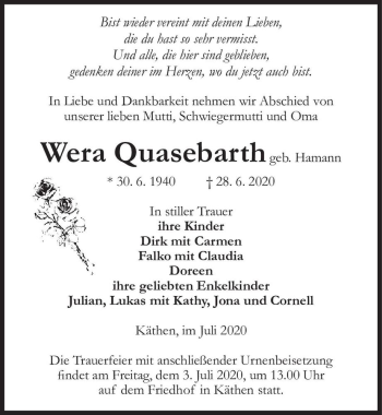 Traueranzeige von Wera Quasebarth (geb. Hamann)  von Magdeburger Volksstimme