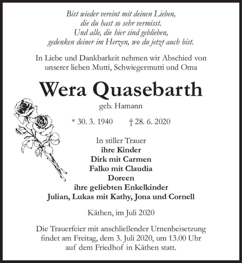  Traueranzeige für Wera Quasebarth (geb. Hamann)  vom 02.07.2020 aus Magdeburger Volksstimme