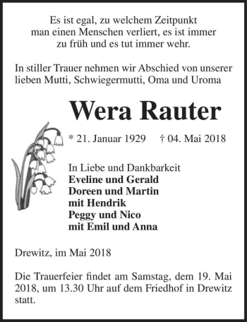 Traueranzeige von Wera Rauter  von Magdeburger Volksstimme