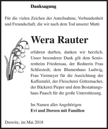 Traueranzeige von Wera Rauter  von Magdeburger Volksstimme