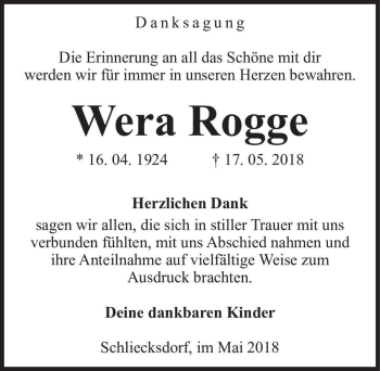 Traueranzeige von Wera Rogge  von Magdeburger Volksstimme