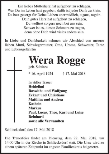 Traueranzeige von Wera Rogge (geb. Schütze)  von Magdeburger Volksstimme