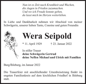 Traueranzeige von Wera Seipold  von Magdeburger Volksstimme