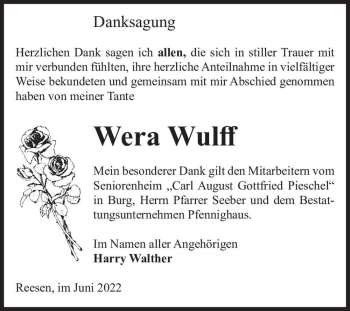 Traueranzeige von Wera Wulff  von Magdeburger Volksstimme