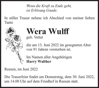 Traueranzeige von Wera Wulff (geb. Vetter)  von Magdeburger Volksstimme