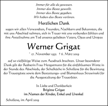 Traueranzeige von Werne Grigat  von Magdeburger Volksstimme