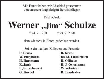 Traueranzeige von Werner ,,Jim