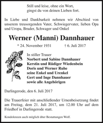 Traueranzeige von Werner (Manni) Dannhauer  von Magdeburger Volksstimme