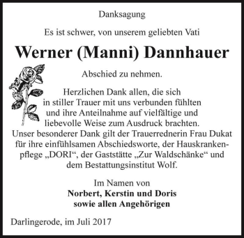 Traueranzeige von Werner (Manni) Dannhauer  von Magdeburger Volksstimme