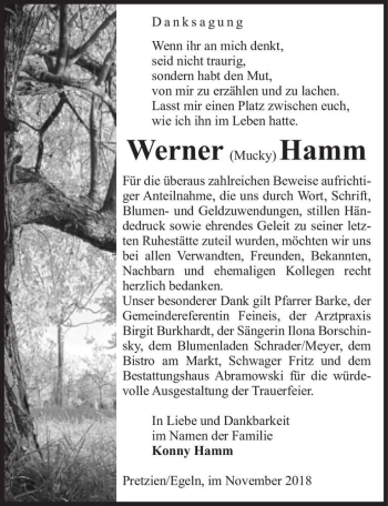Traueranzeige von Werner (Mucky) Hamm  von Magdeburger Volksstimme