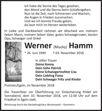 Traueranzeige von Werner (Mucky) Hamm  von Magdeburger Volksstimme