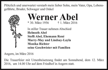 Traueranzeige von Werner Abel  von Magdeburger Volksstimme