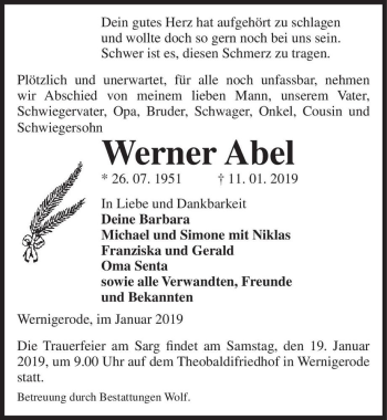 Traueranzeige von Werner Abel  von Magdeburger Volksstimme