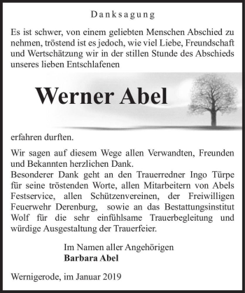 Traueranzeige von Werner Abel  von Magdeburger Volksstimme